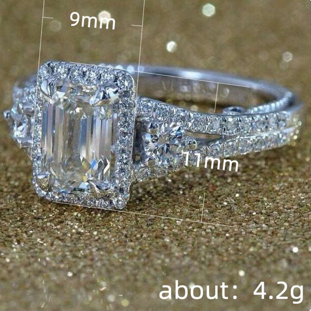 Silver S925 Emerald Cut White Diamond Ring - Picture 5 of 5